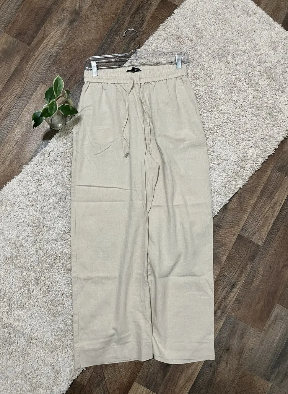 Zara Size Medium Beige Linen Blend Wide Leg Pull-On Drawstring Pants